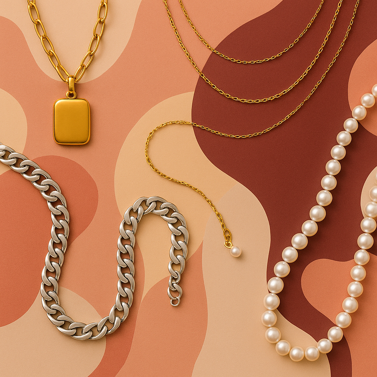Moderne Damen Halsketten im Flatlay: elegante Perlenkette, goldene Gliederkette mit rundem Anhänger und trendige goldene Halskette mit rechteckigem Anhänger auf retro-orangenem Hintergrund.
