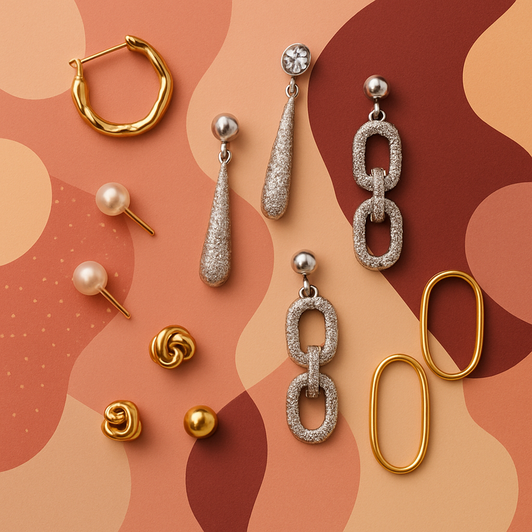 Elegante Damen Ohrringe im Flatlay: klassische Perlen Ohrstecker, goldene Creolen mit gedrehtem Design, schlichte runde Ohrstecker in Gold sowie glamouröse Hängeohrringe mit funkelnden Strass-Steinen auf retro-orangenem Hintergrund.