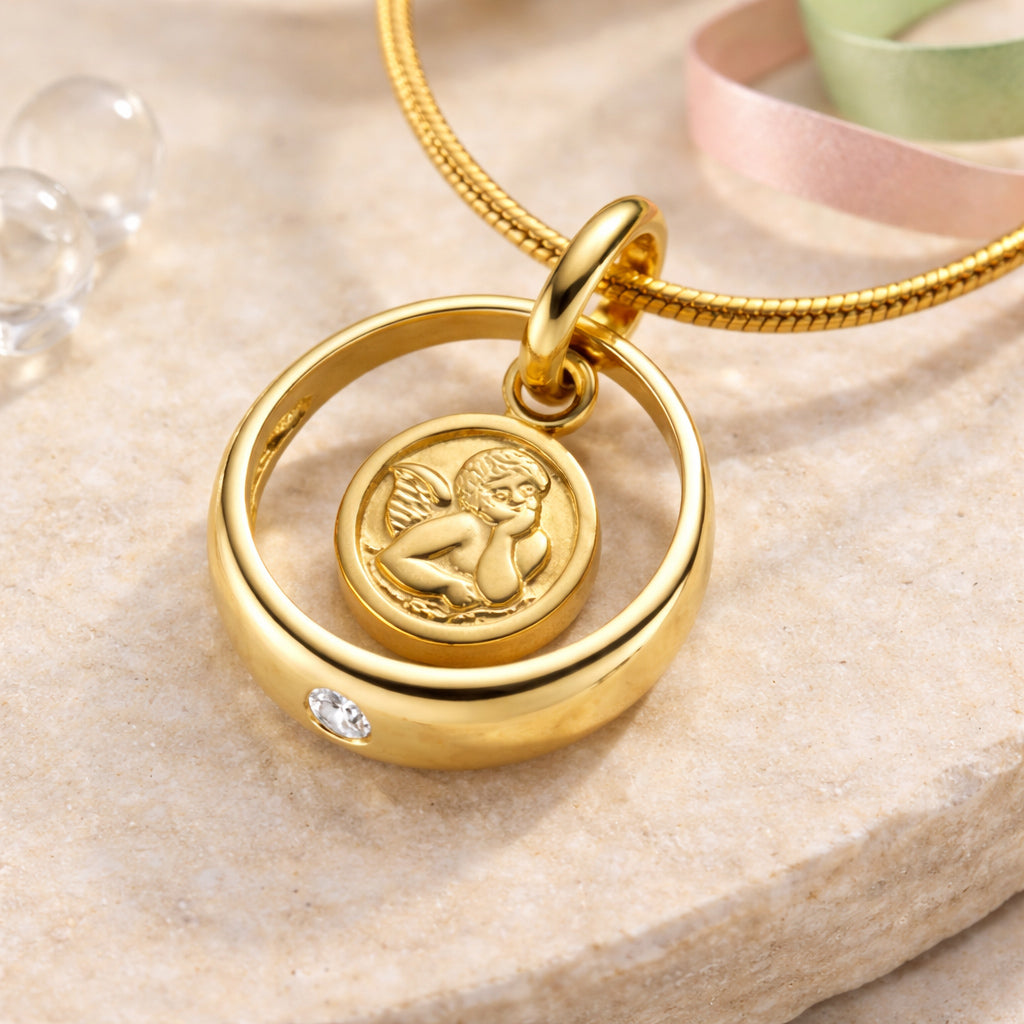 Anhänger aus 333er Gold - Taufring mit Engel und Edelstein