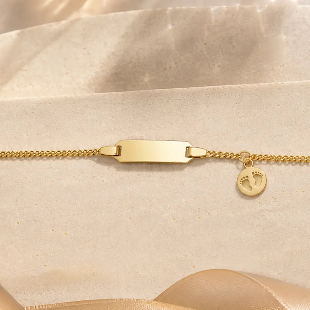 ID-Schildarmband Kinder 333 Gold Babyfüße gravierbar - Armkette 14cm - Made in Germany