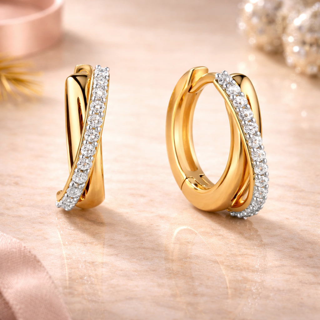 Damen Klappcreolen 375 Gelbgold bicolor mit 26 Zirkonia - 14mm