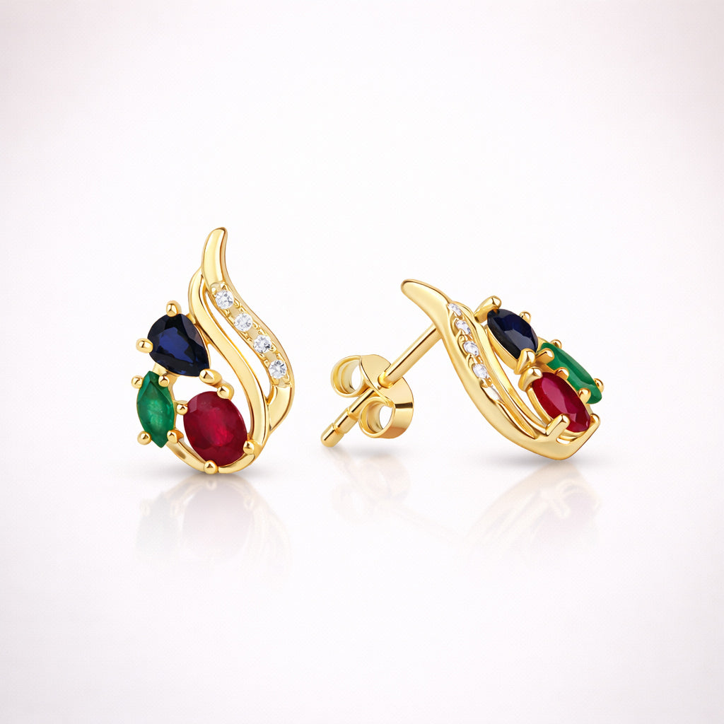 Damen Ohrstecker 375 Gelbgold mit Rubin Saphir Smaragd & Zirkonia - 1,3cm