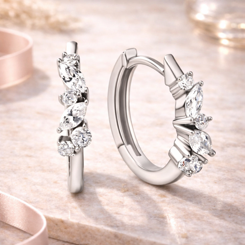 Damen Klappcreolen 375 Weißgold mit 12 weißen Zirkonia - 1,5cm