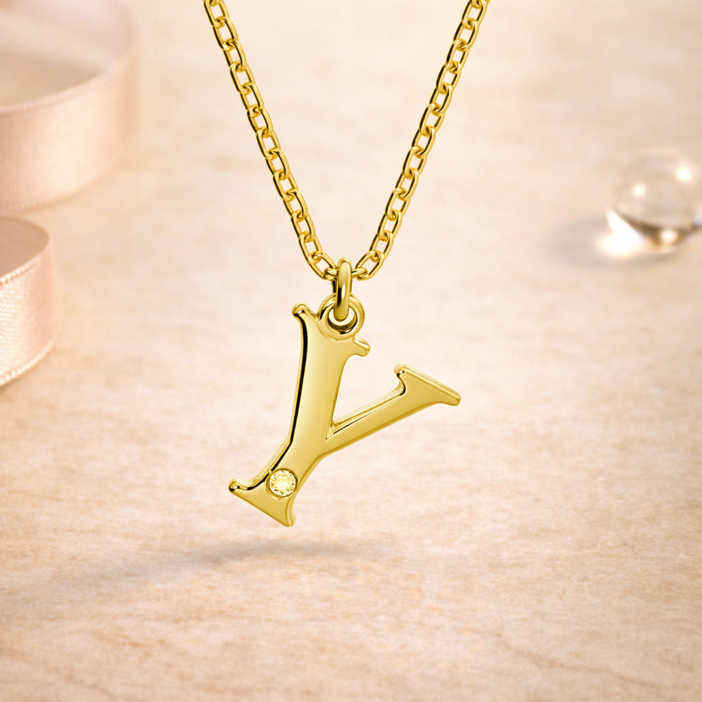 Buchstaben-Anhänger mit Kette 925er Sterling Silber vergoldet mit Diamant – Ankerkette
