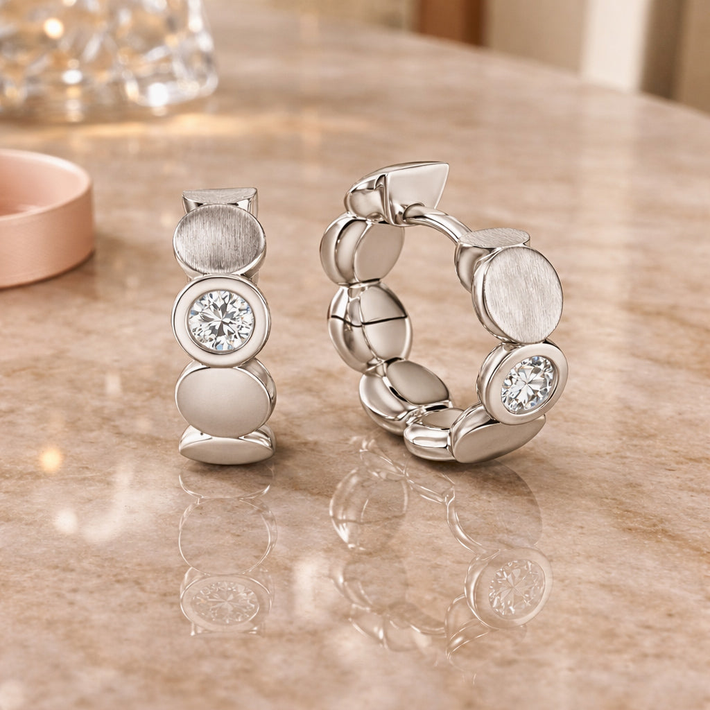 Damen Klappcreolen 925 Sterling Silber rhodiniert mit 2 Zirkonia 16mm