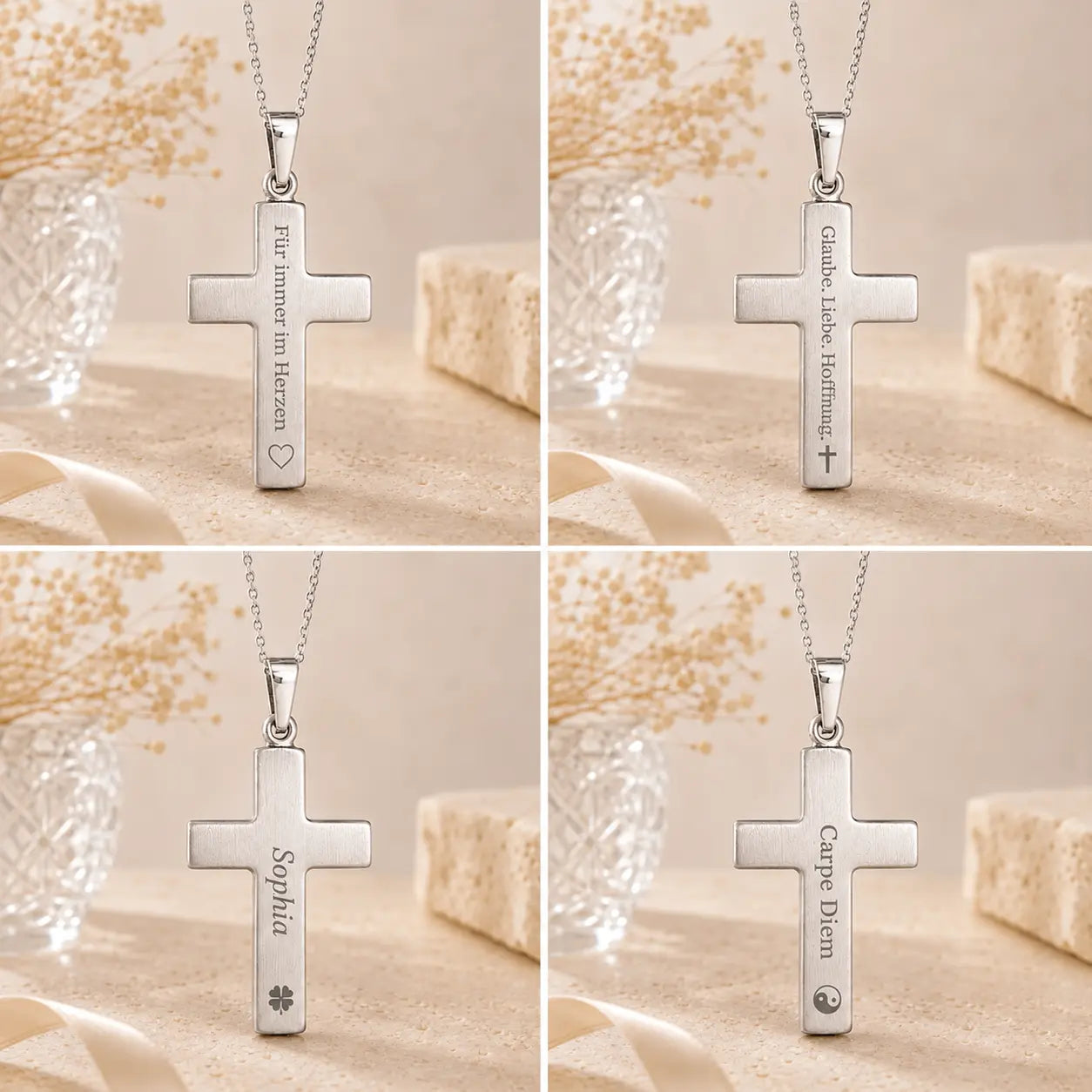 Kreuz Anhänger Damen 925 Sterling Silber mattiert - gravierbar mit optionaler Ankerkette 45cm