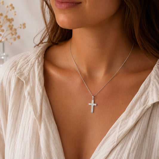 Kreuz Anhänger Damen 925 Sterling Silber mattiert - gravierbar mit optionaler Ankerkette 45cm