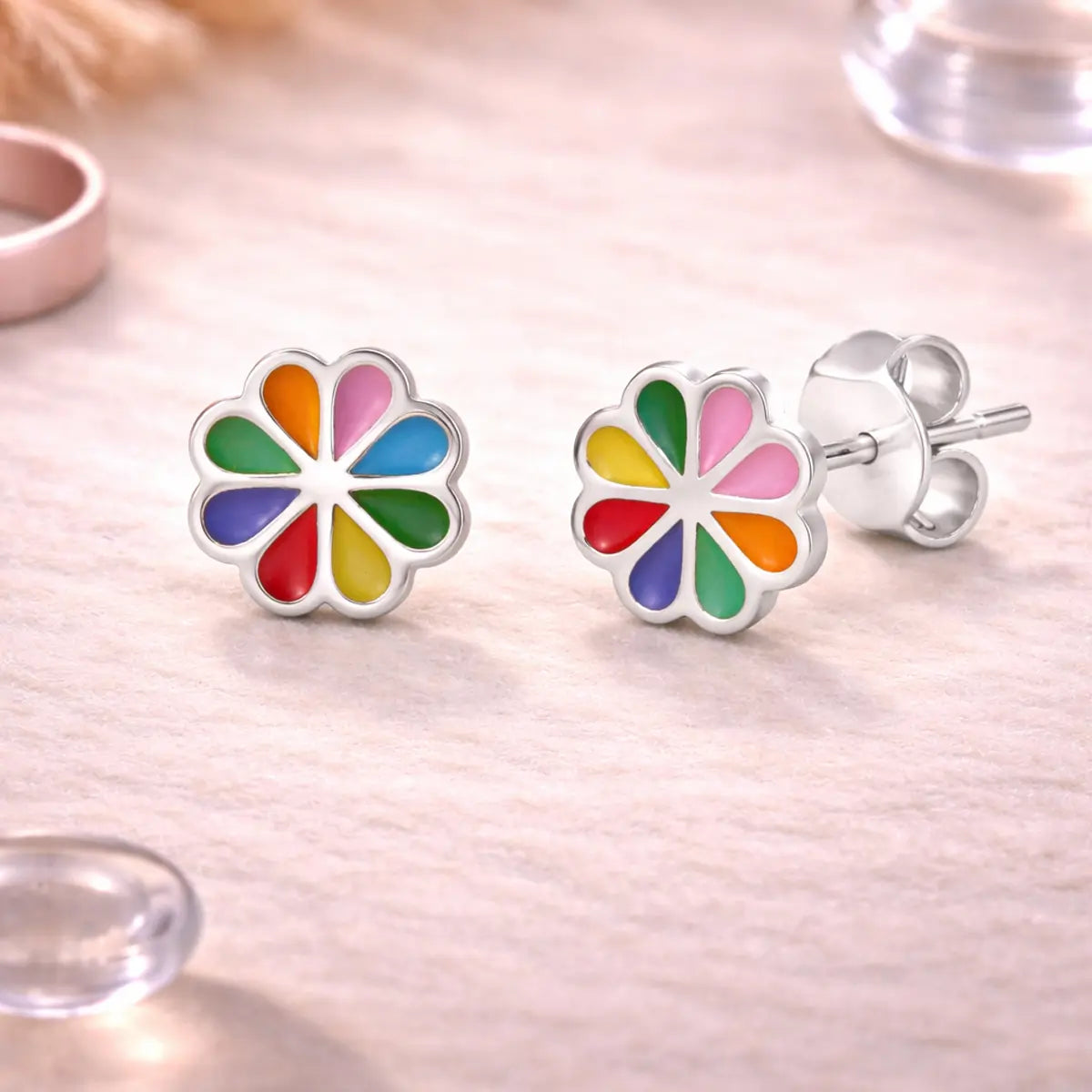 Kinder Ohrstecker 925 Sterling Silber Blume bunt Emaille Steckerverschluss - 7mm