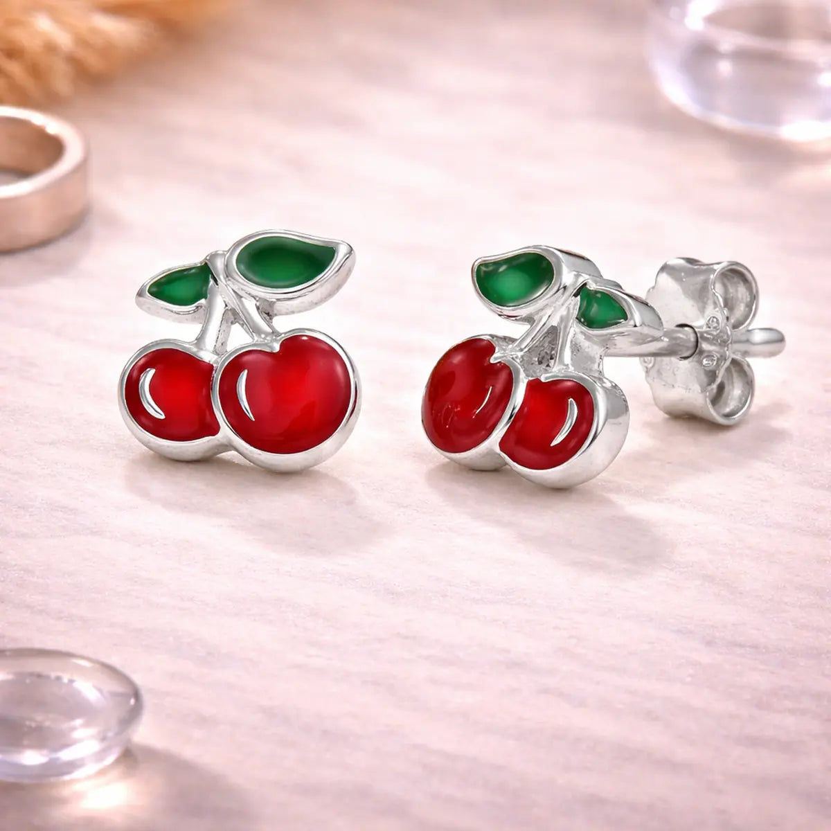 Kinder Ohrstecker 925 Sterling Silber Kirschen Emaille rhodiniert - 7mm