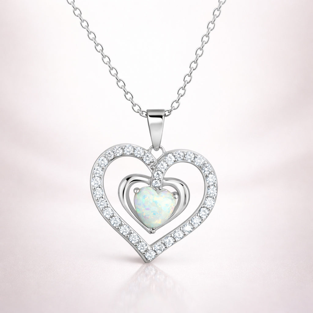 Damen Collier 925 Sterling Silber rhodiniert Herz synthetisch Opal Zirkonia - 45cm