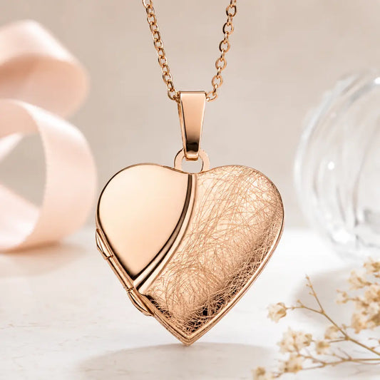 Herz Medaillon Damen 925 Sterling Silber rosévergoldet teil-mattiert für 2 Fotos Fotoanhänger zum Öffnen - optional mit Ankerkette