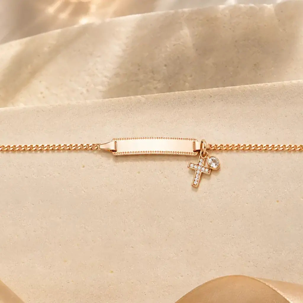 Damen Schildarmband 925 Sterling Silber rotgoldvergoldet Kreuz Zirkonia gravierbar - 16cm