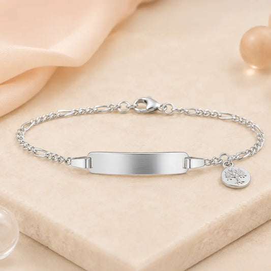 Baby Kinder Schildarmband mit Lebensbaum 925 Silber gravierbar - Figaroarmband 14cm