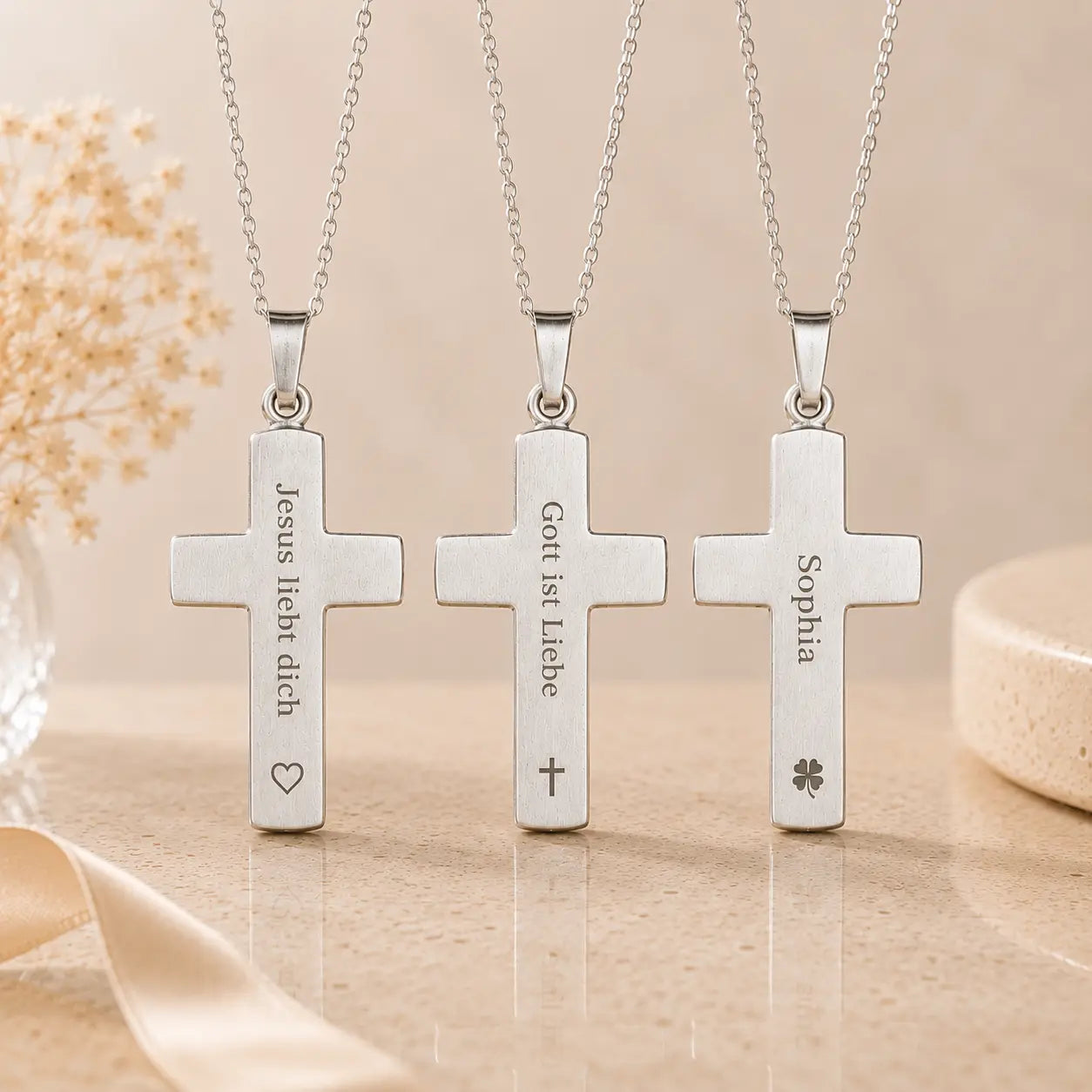 Kreuz Anhänger Damen 925 Sterling Silber weißer Lack - gravierbar mit optionaler Ankerkette 45cm