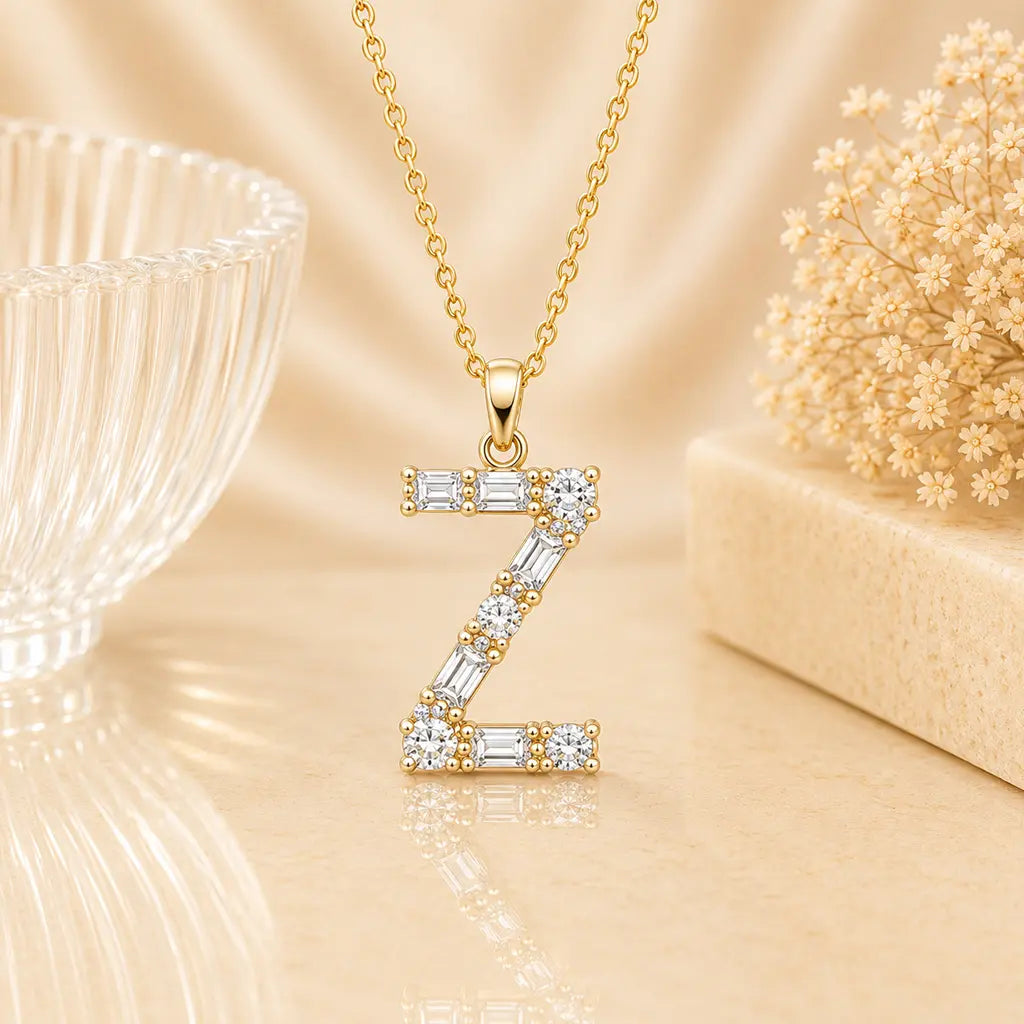 Buchstabencollier Damen 925 Sterling Silber vergoldet Zirkonia Baguette Cut - Mit Kette 45cm
