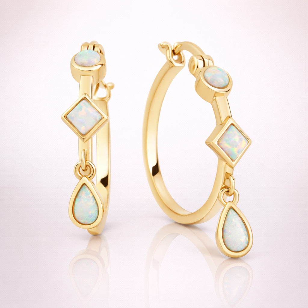 Damen Creolen 925 Sterling Silber vergoldet mit synthetischem Opal - 22mm