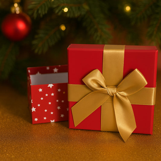 Rote Schmuckverpackung mit goldener Schleife und Sternenmuster - elegante Geschenkbox aus Karton für Weihnachten, Schmuck und festliche Anlässe.