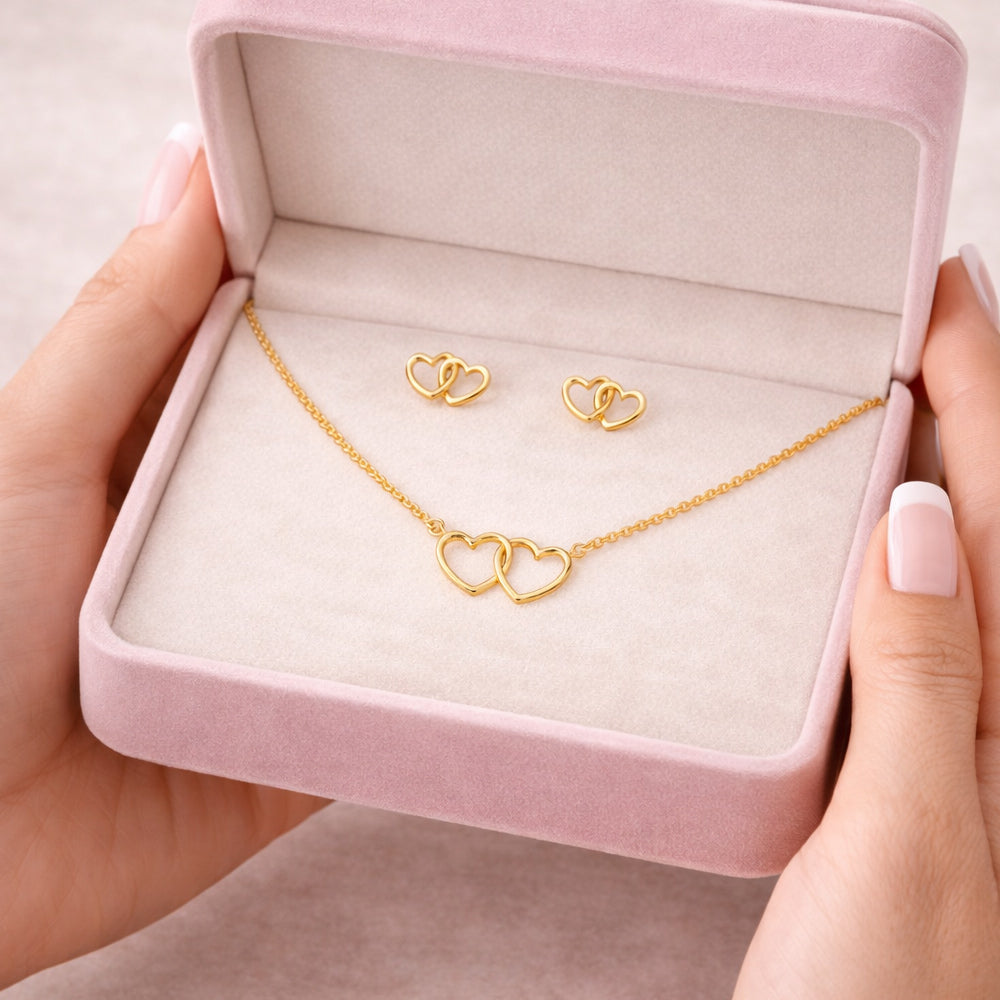 Schmuck Set aus 925 Sterling Silber, vereinte Herzen - vergoldet