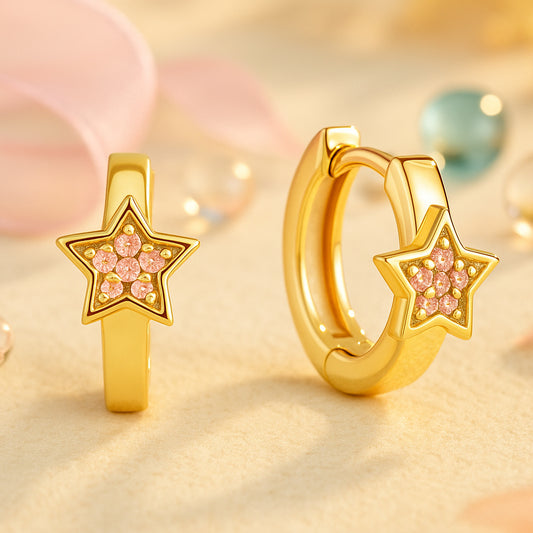 Goldene Kinderohrringe mit funkelndem rosa Stern-Anhänger, hypoallergen & nickelfrei; süße Stern-Creolen für Mädchen, glitzernder Kinderschmuck