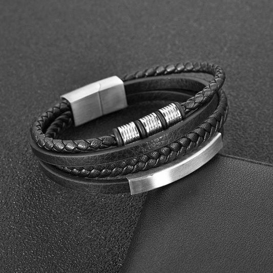 Geflochtenes Lederarmband für Männer - Silver Shape - Mit Gravur Option