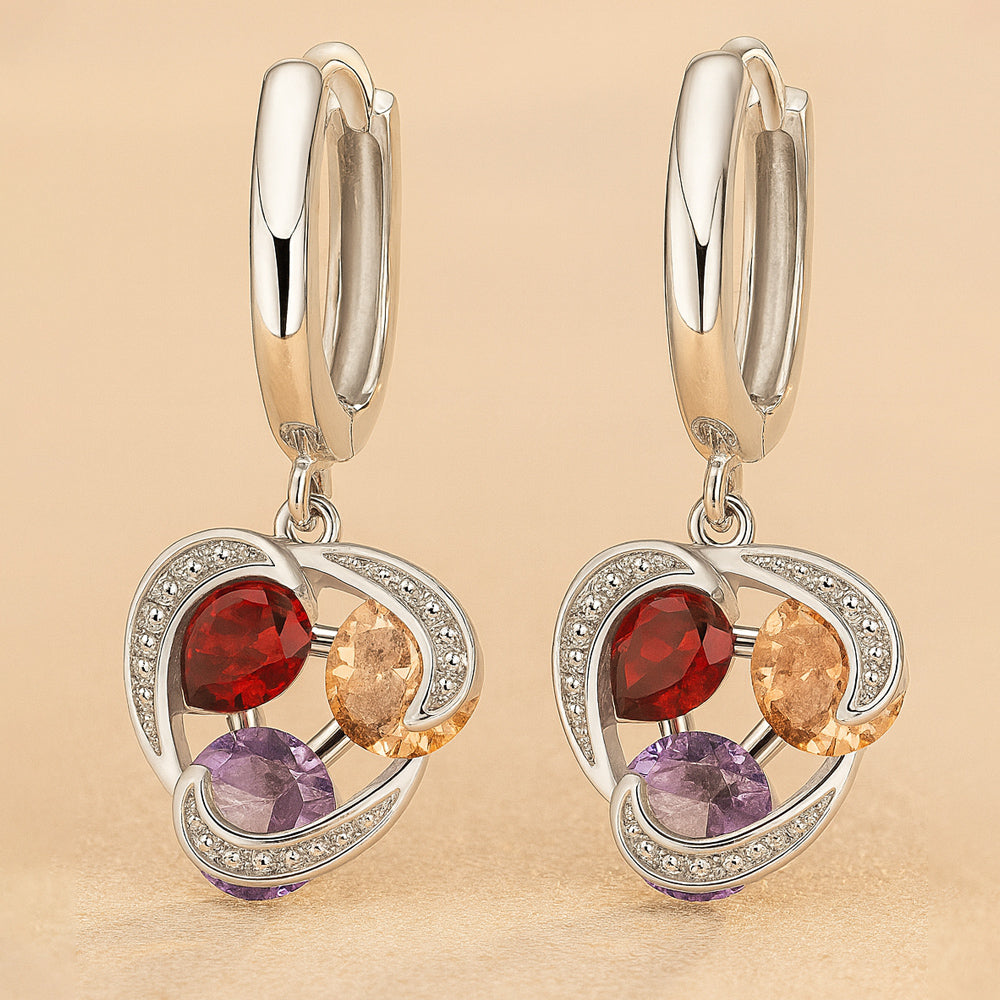 Elegante Herzohrringe mit roten, violetten und champagnerfarbenen Steinen - funkelnder Silber-Damenschmuck, ideal als stilvolles Geschenk für jeden Anlass.