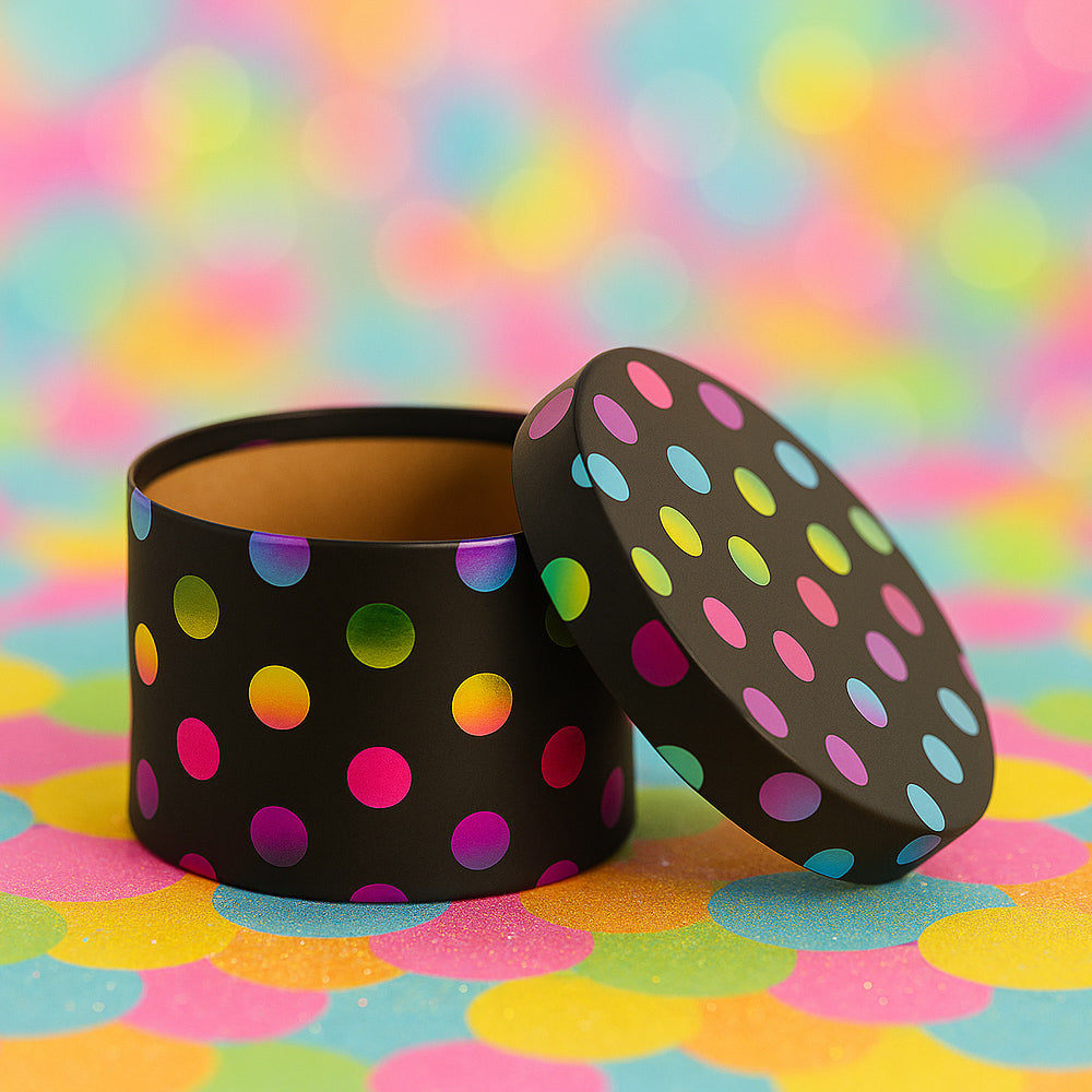 Runde schwarze Schmuckverpackung aus Karton (D13x8 cm) mit bunten Punkten - moderne, wiederverwendbare Geschenkbox für Schmuck und kleine Geschenke.