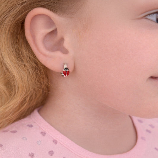 Kinderohrringe - Klappcreolen aus 925er Sterling Silber, Motiv Lack Marienkäfer
