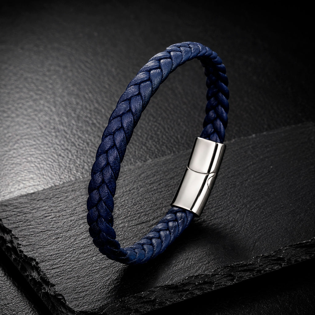 Braid Lock Slim Blue - Schmales Lederarmband für Herren | Edelstahl Magnetverschluss