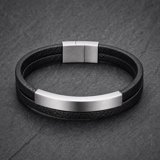 Silver Edge - Lederarmband für Herren gravierbar schwarz | Edelstahl Magnetverschluss
