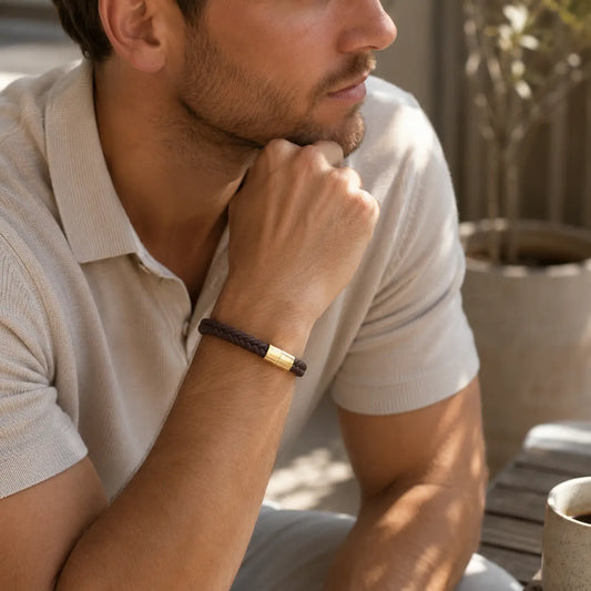Braid Lock Slim Brown - Braunes schmale Lederarmband für Herren in 3 Verschlussfarben | Edelstahl Magnetverschluss