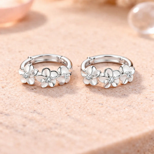 Damen Klappcreolen Modeschmuck silberfarben Blumen Zirkonia - 13mm