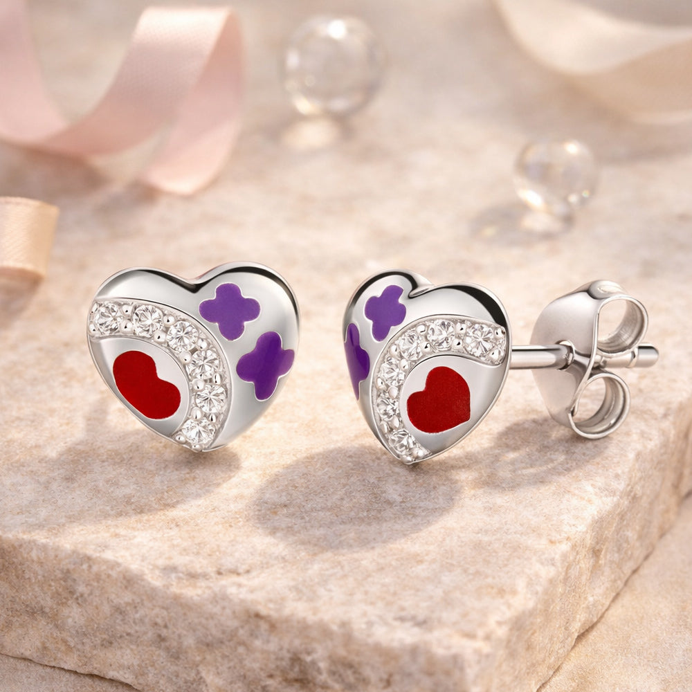 Herz Ohrstecker aus 925 Sterling Silber mit funkelnden Zirkonia-Steinen und farbiger Emaille.