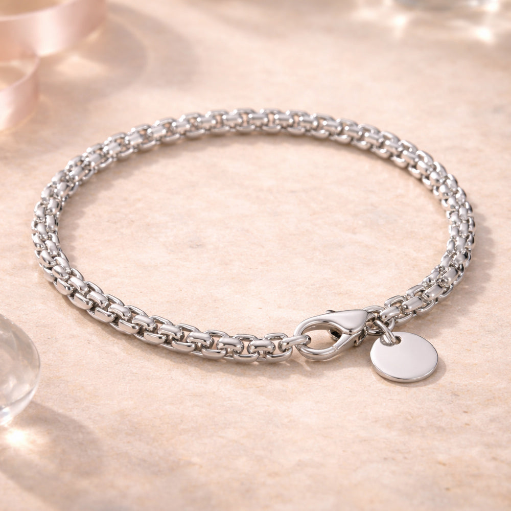 Elegantes Kettenarmband aus 925 Sterling Silber mit glänzender Panzerkette und rundem Plättchen