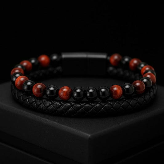 Perlen Lederarmband für Männer - Passion Red Tiger Eye - Mit Gravur Option