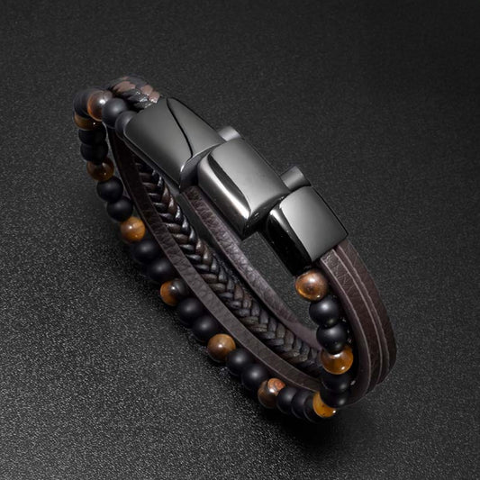 Lederarmband für Männer mit Naturstein-Perlen - Fancy Tiger Eye - Mit Gravur Option