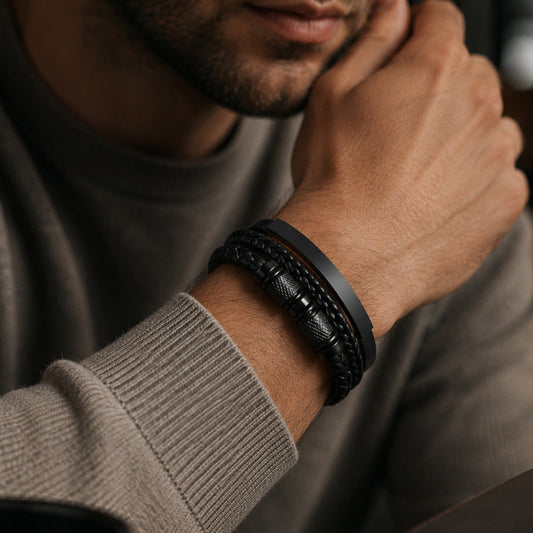Steel Spin - Lederarmband mit Gravurplatte für Herren schwarz | Edelstahl Magnetverschluss