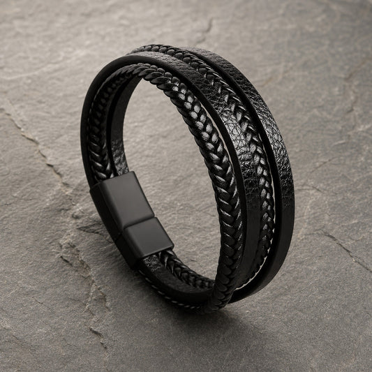 Four Strand - 4-strängiges Lederarmband für Herren gravierbar | Edelstahl Magnetverschluss