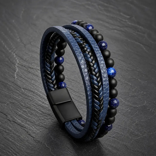 „Malek“ Lederarmband Herren Blau mit Natursteinperlen & Gravuroption - Echtes Leder - Magnetverschluss