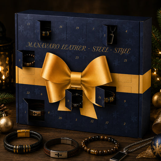 Limitierter Schmuck Adventskalender Männer - 24 Türchen - MANAVARO · Leder · Edelstahl · Gravur