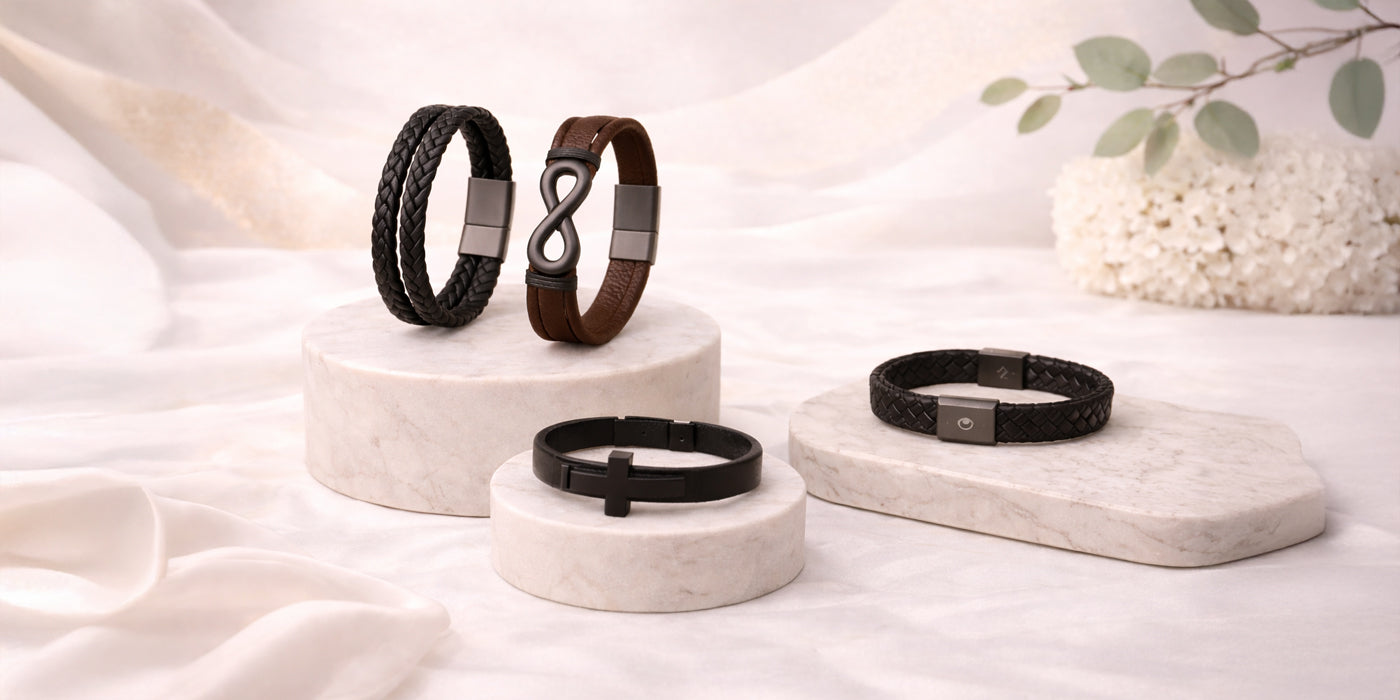 Lederarmbänder für Damen und Herren in Schwarz und Braun mit geflochtenem Design