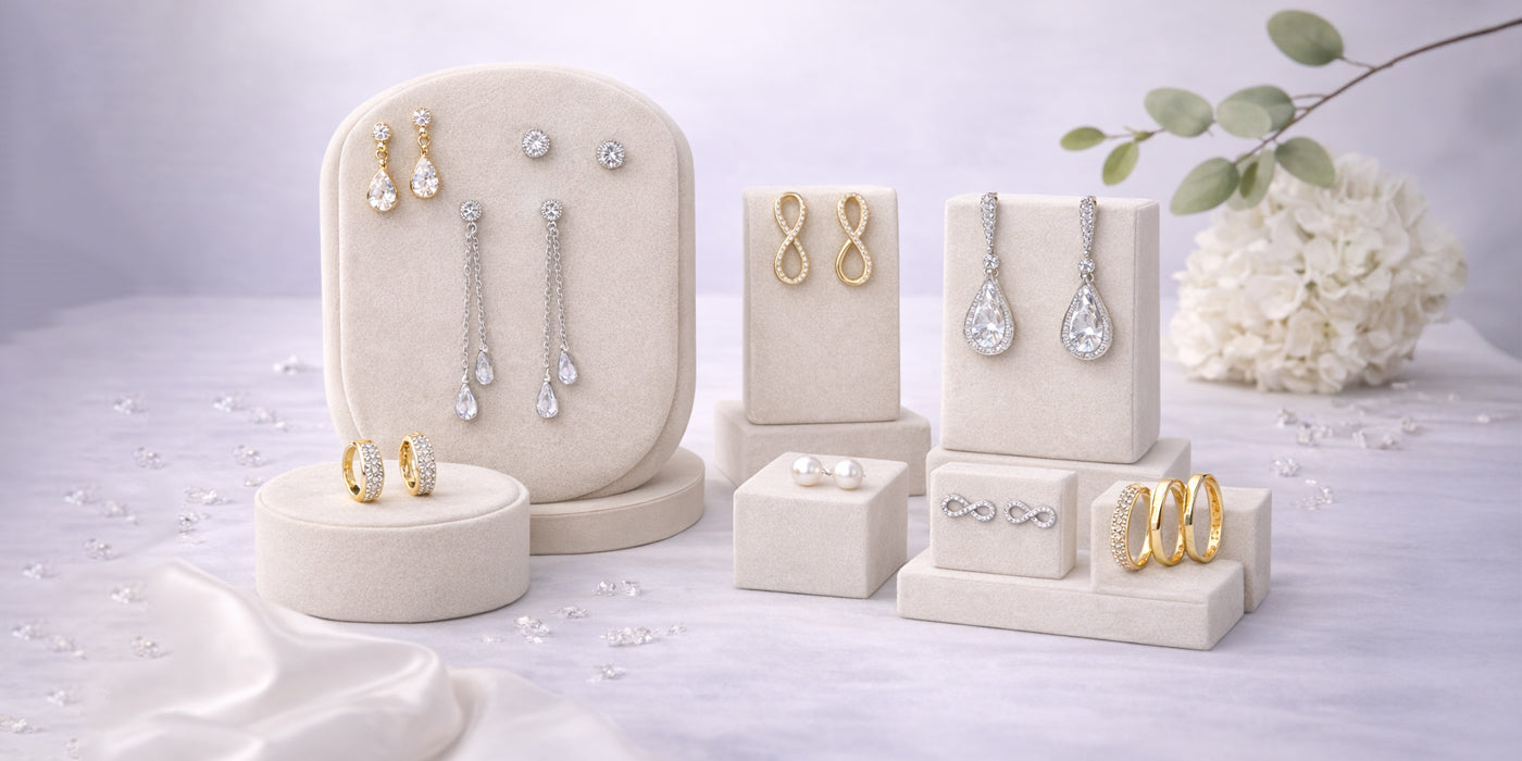 Ohrringe in Silber- und Goldoptik in verschiedenen eleganten Designs auf Schmuckdisplays