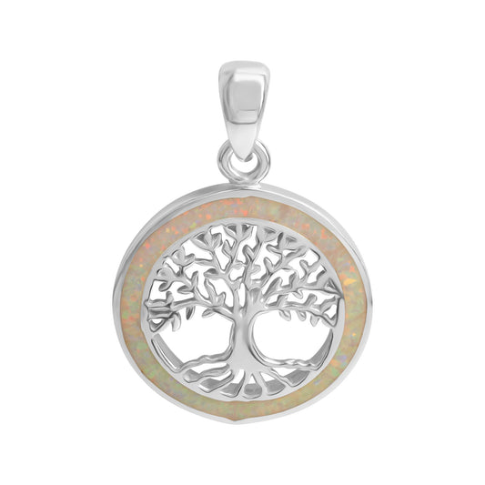 Anhänger -Baum des Lebens- aus 925er Sterling Silber rhodiniert mit synthetischem Opal