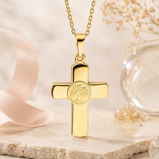 Kreuz Lebensbaum Anhänger Damen 333 Gold - gravierbar mit optionaler Ankerkette 42cm