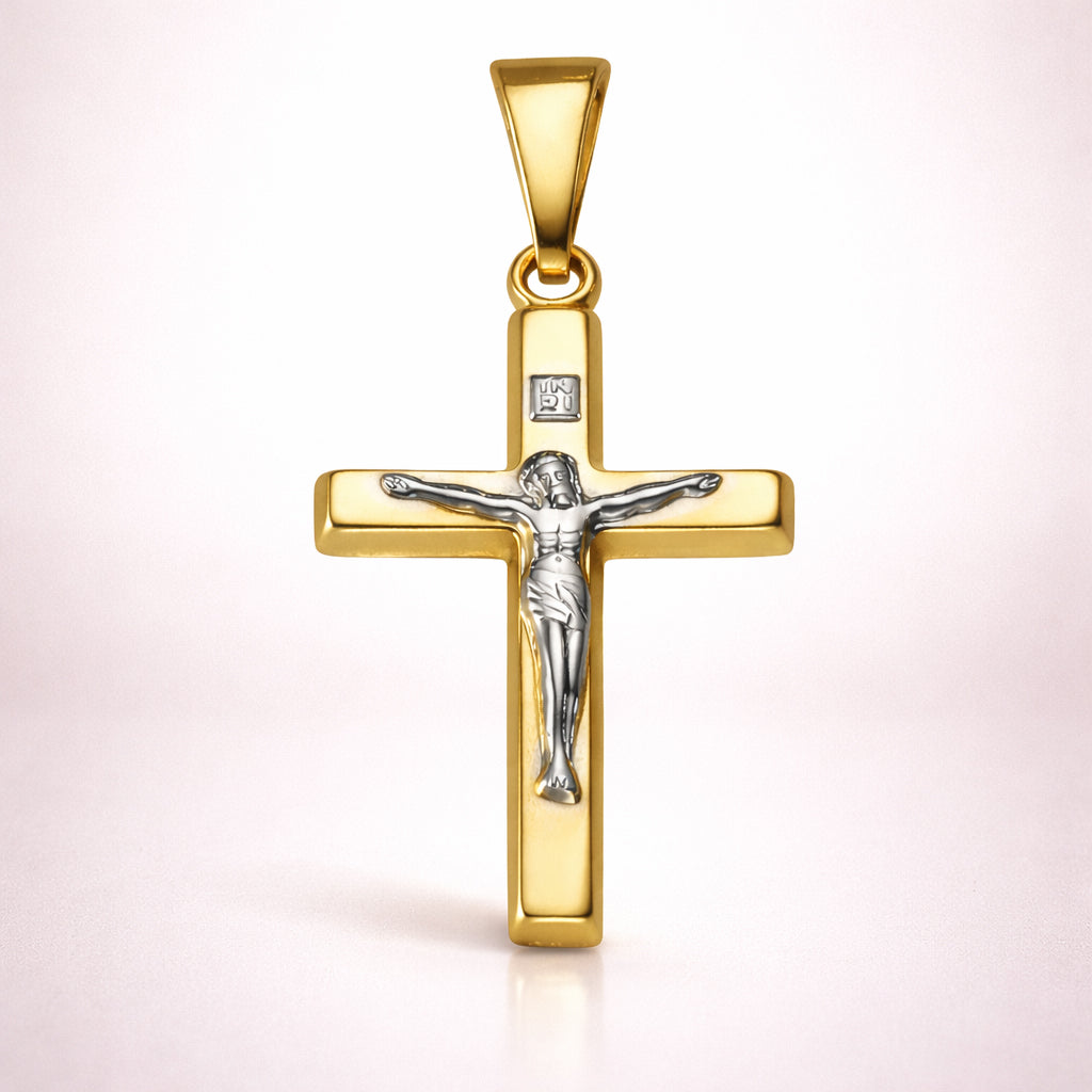 Kreuz Anhänger 333 Gold zweifarbig mit Christusfigur - 2,4cm