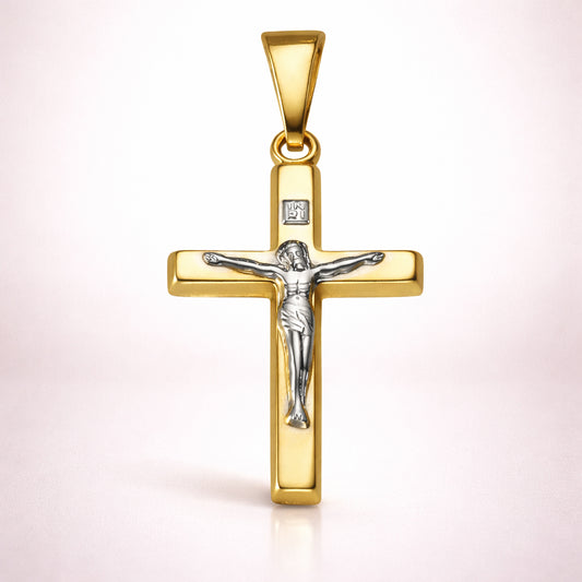 Kreuz Anhänger 333 Gold zweifarbig mit Christusfigur - 2,4cm