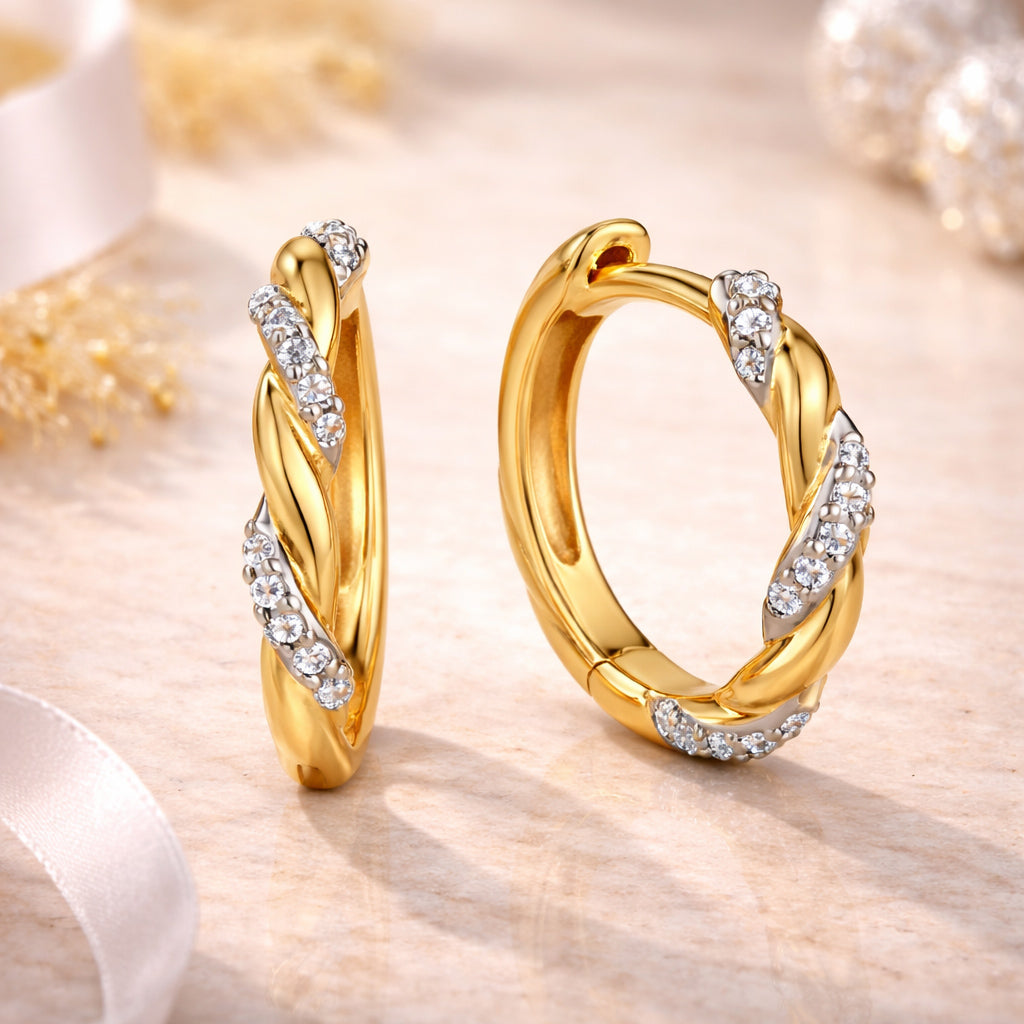 Damen Klappcreolen 333 Gelbgold bicolor 1,5cm 28 Zirkonia weiß