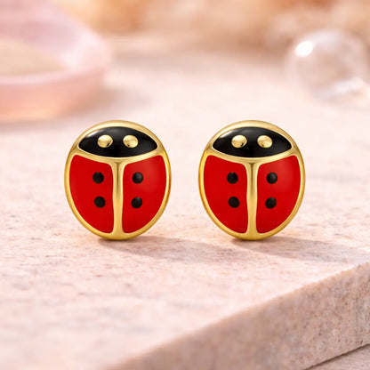 Kinder Ohrstecker 333 Gold Marienkäfer rot schwarz Emaille - 6mm