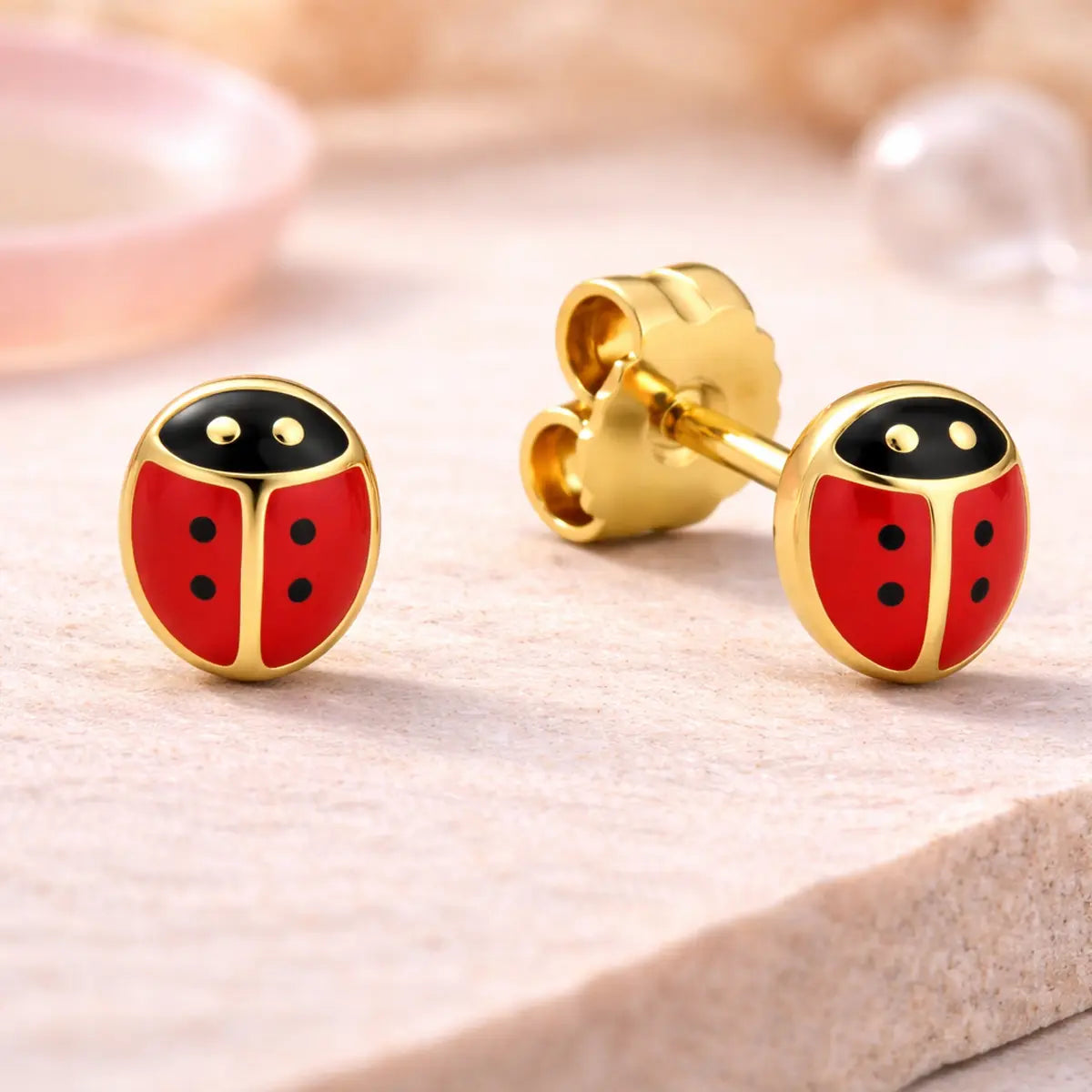 Kinder Ohrstecker 333 Gold Marienkäfer rot schwarz Emaille - 6mm