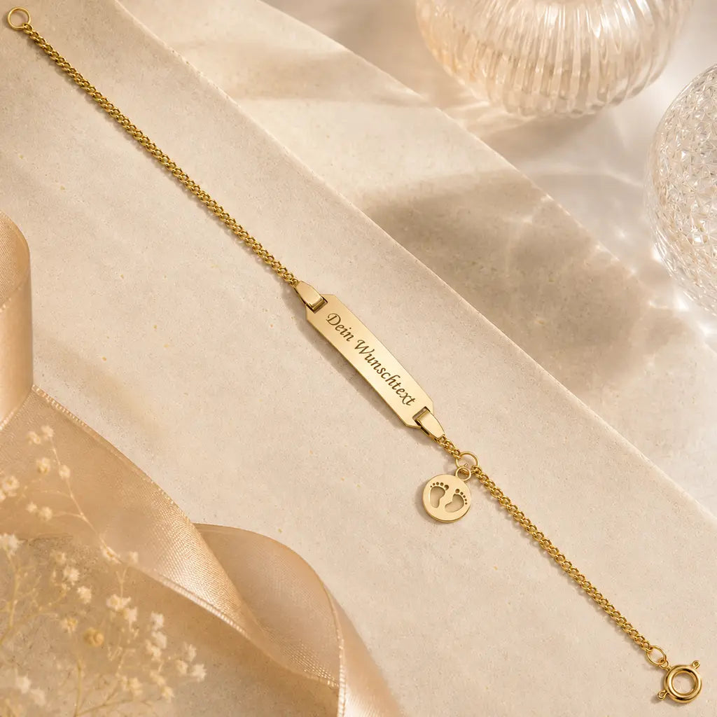 ID-Schildarmband Kinder 333 Gold Babyfüße gravierbar - Armkette 14cm - Made in Germany