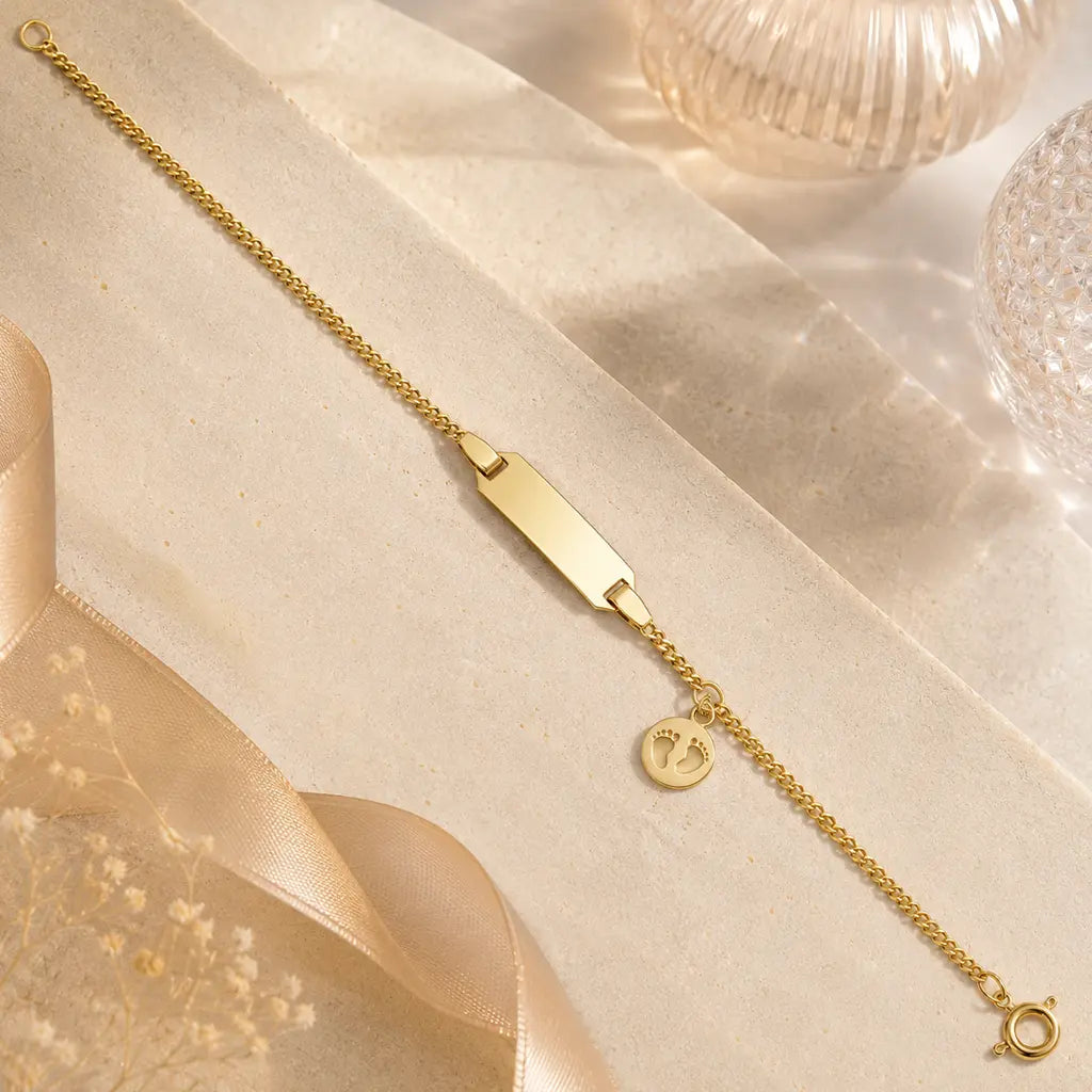 ID-Schildarmband Kinder 333 Gold Babyfüße gravierbar - Armkette 14cm - Made in Germany